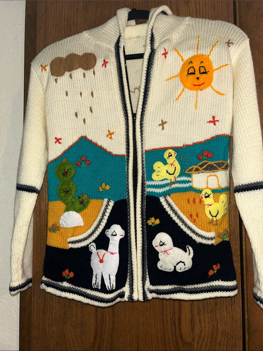 Handmade Ivory Knit Zip Hoodie with Colorful Animal & Sun Motif